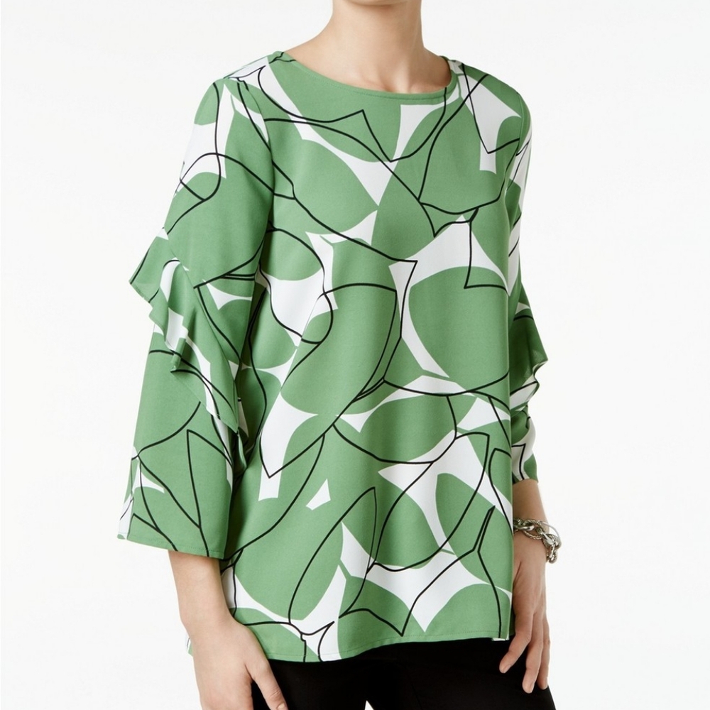 Alfani Green Crablike Leaves Print Ruffle Sleeve Zip Back Top